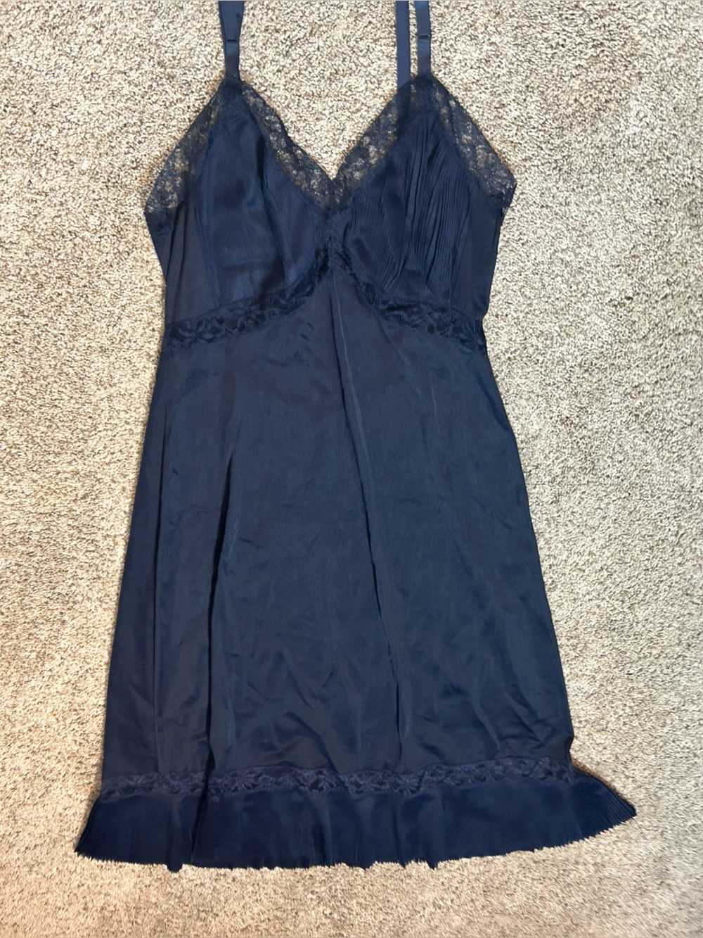 Vintage 1960s Vanity Fair Navy Blue Nylon Lace Full Slip Dress Shaper